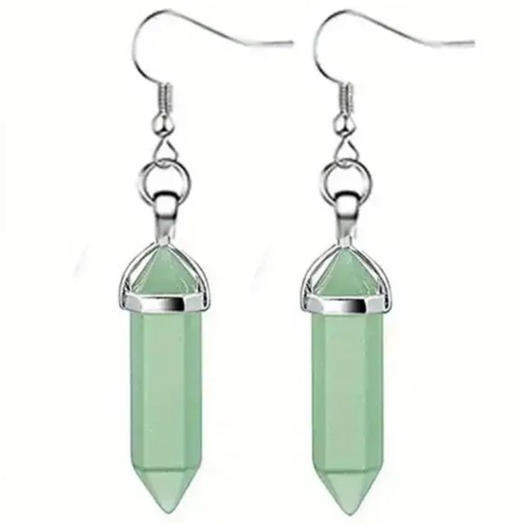 Green Aventurine Natural Stone Gemstone Handmade Hexagon Point Dangle Earrings - Picture 1 of 2